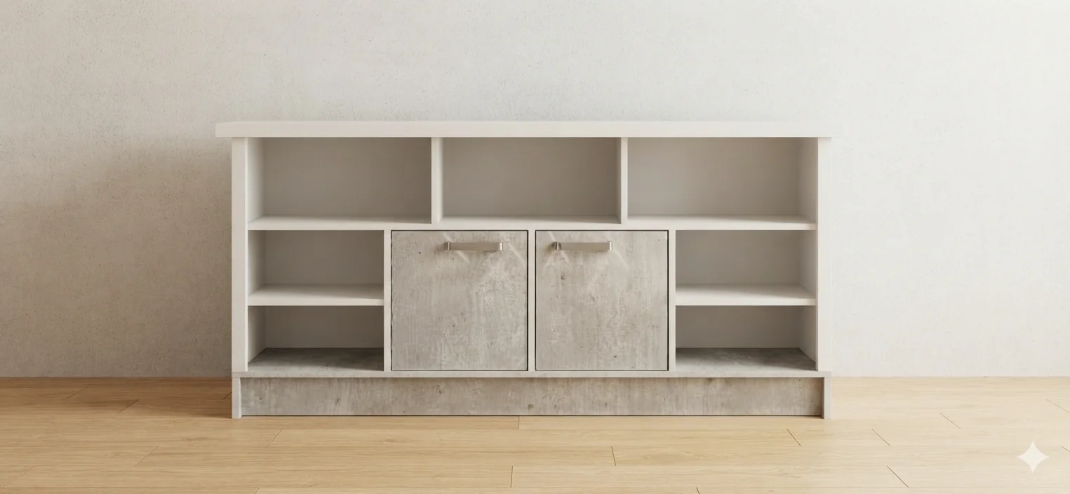MAG Mueblería — Rack organizador en melamina blanca y cemento fabricado en taller de Quillota
